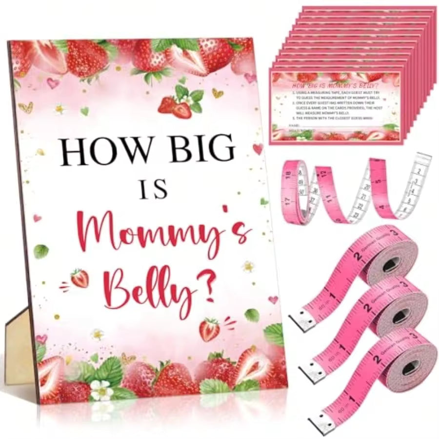 Roowest 54 Pcs Strawberry Baby Shower Games A Berry Sweet Is On The Way Measure Belly Bump Party Games Include How Big Is Mommy's Belly Sign 50 Guessing Cards 3 Measuring Tapes